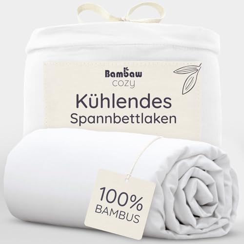 Bambaw Spannbettlaken 180x200cm Bambus, 35 cm Steghöhe, atmungsaktive Bettwäsche Sommer, Bettwäsche Bambus, hypoallergenes Bettlaken, kühle Spannbettlaken, elastischer Spannbetttuch 180x200 (Weiß)
