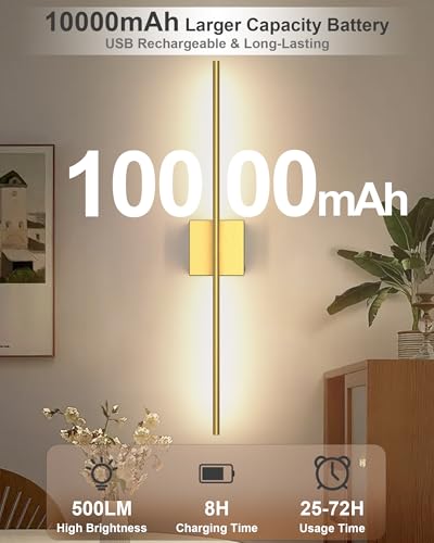 Image of Battery Powered Wall Sconce Set of Two: Gold Wireless Rechargeable Wall Lights with Touch and Remote Control, 360Rotatable 4CCT Dimmable Cordless Scone Lighting Decor for TV Wall Bedroom Bathroom
