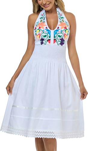 Image of Womens Mexican Floral Embroidered Halter Maxi Dress Side Slit Boho Dress