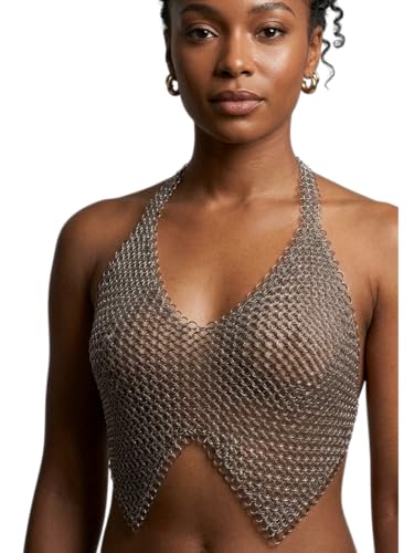 ZEMBORL Women’s Silver Chainmail Crop Top – Metal Mesh Gothic Renaissance Festival Costume Top for Cosplay & Alternative Fashion