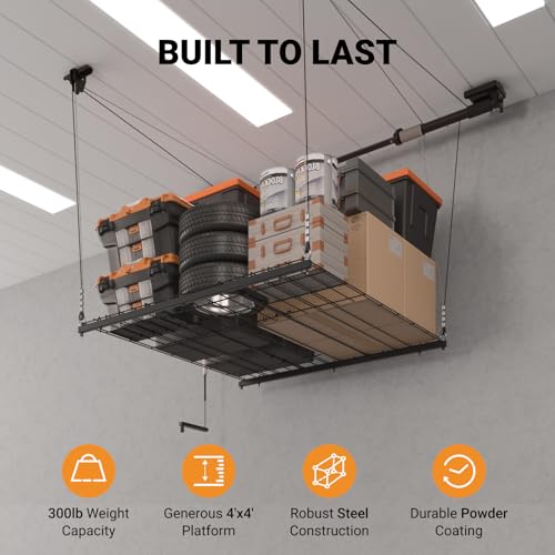 Eshelf Adjustable Overhead Garage Storage Rack, 4X4Ft Garage Ceiling Storage Lift, Heavy Duty Garage Storage Lift System With 300Lbs Weight Capacity, Perfect For Kayaks, Ladders thumb #4