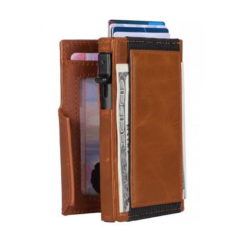 Image of Minimalist Pop Up Wallet for Men | RFID Blocking Credit Card Holder Wallet with Money Clip | Mens Wallet Slim Bifold Front Pocket Metal Case with Gift Box, Light Brown, 2.8 inch x 3.8