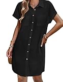 Zeagoo Womens Dresses Cotton Linen Button Up Tshirt Dresses 2025 Summer Spring Short Sleeve V-Neck Loose Swim Coverup for Women with Pockets BlackXL