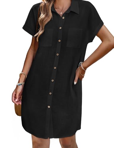 Image of Zeagoo Summer Dresses for Women 2026 Cotton Button Down Short Sleeve Tshirt Dresses Casual Mini Beach Dress