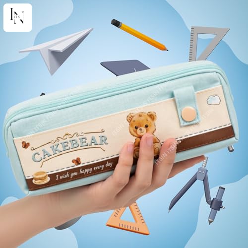 Image of Large Capacity Pencil Pouch Aesthetic Pencil Bag Multiple Compartments Girl Cute Stationery School College Pouch Travel Pouch for Girls Kids School Accessories (Blue Cakebear)