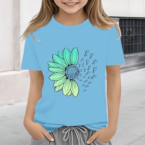 Girls Loose Fit Sunflower Graphic T Shirts Short Sleeve Crewneck Cute Pattern Printed Tops Kids (I-Sky Blue, 6-7 Years)4