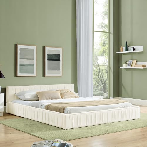 Generisch Cama doble de chenilla plegable de 140 x 200 cm con madera de eucalipto, tacto suave, marco de hierro estable y fácil montaje (beige, sin colchón)