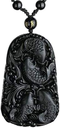 Natural black obsidian Amulet dragon head fish koi pendant bead necklace with bead chain for women or men (fish)