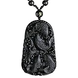 Natural black obsidian Amulet dragon head fish koi pendant bead necklace with bead chain for women o