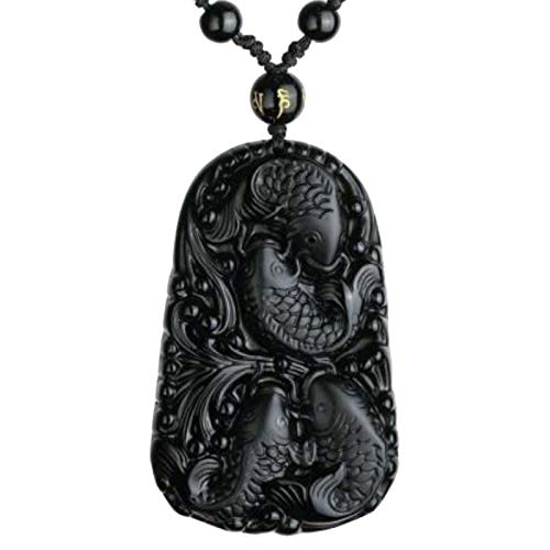 Natural Black Obsidian Amulet Dragon Head Fish Koi Pendant Bead Necklace With Bead Chain For Women Or Men (Fish) #TOP2