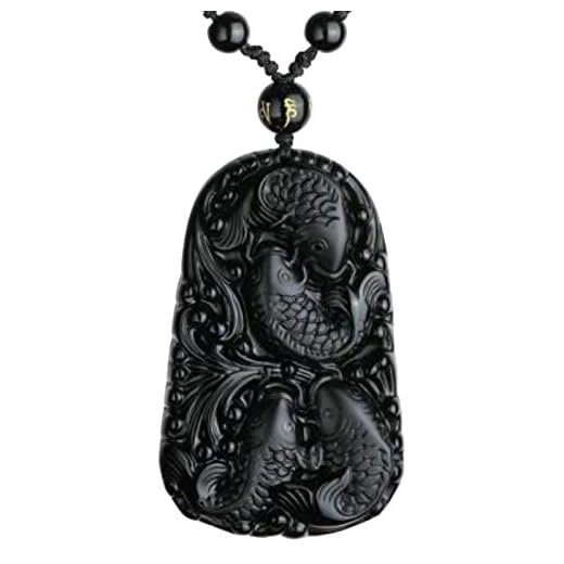 Natural black obsidian Amulet dragon head fish koi pendant bead necklace with bead chain for women or men (fish)