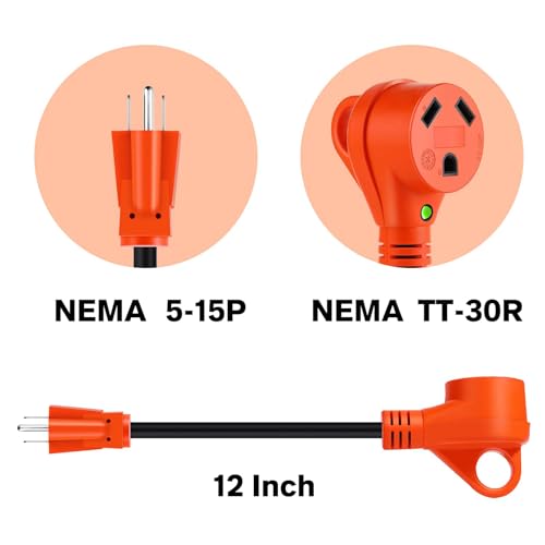 Image of 30 Amp to 110 Volt RV Adapter Cord, Dogbone NEMA 5-15P to TT-30R | RV Electrical Power Adapter with LED Indicator, 12 /3 Gauge RV Dogbone Adapter with Grip Handle, 12 Inch, Orange, ETL Listed