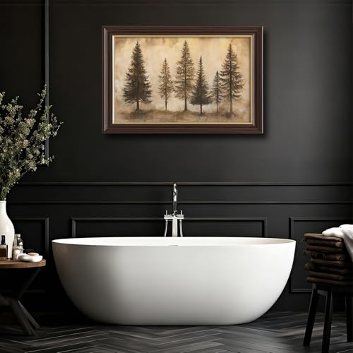 Image of Antique Brown Framed Pine Tree Wall Art, Vintage Neutral Tone Forest Prints, Rustic Woodland Wall Decor Paintings for Living Room Bedroom Farmhouse