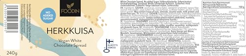 FOODIN Herkkuisa- Weißer Schokoladenaufstrich ungesüßt 240g, pflanzliche Inhaltsstoffe, 100% milchfrei, Glutenfrei und Vegan, ideal für eine gesunde Ernährung