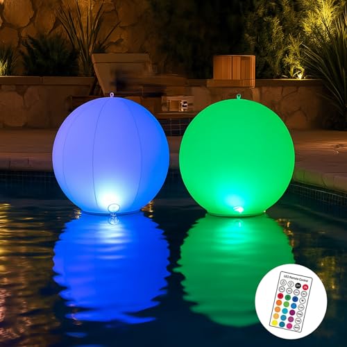 2 PCS Solar Floating Pool Light,14''Solar Powered Color Changing Pool Lights with Remote,Inflatable Hangable Waterproof Solar Powered LED Glow Ball Decor for Swimming,Garden,Lawn