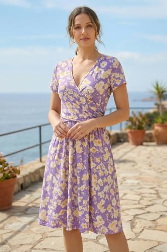 Image of OUGES Maternity Nursing Dress Breastfeeding Short Sleeve V Neck Casual Pregnancy Clothes with Pockets