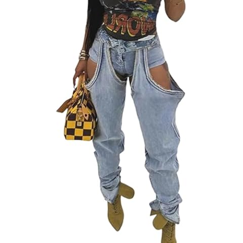 Angsuttc Jeans for Women High Waist Patchwork Leg Cute Tapered Denim Jeans Blue S Cover
