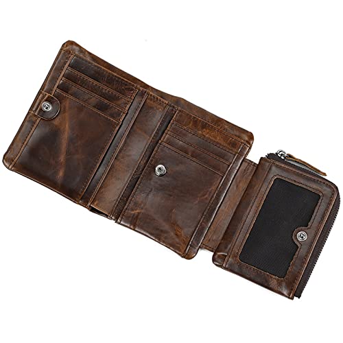 Men's Leather Wallet Large Capacity Trifold Purse Credit Card Holder Case with Snap Closure 10 Card Slots (Coffee)