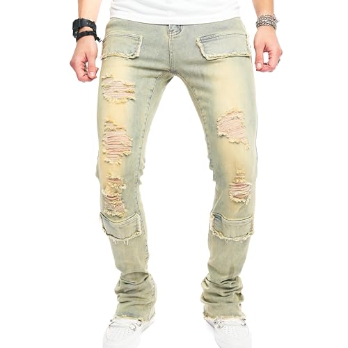 Men's Stacked Jeans Skinny Fit Stretch Jeans Patched Side Striped Straight Leg Denim Male Pants2