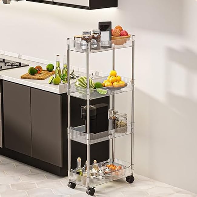 4-Tier Slim Rolling Cart with Lockable Wheels, Mobile Storage Trolley Acrylic Bathroom Organizer, Mobile Shelving Unit,Clear,16 Dx7.9 Wx35 H-E2seAmPV