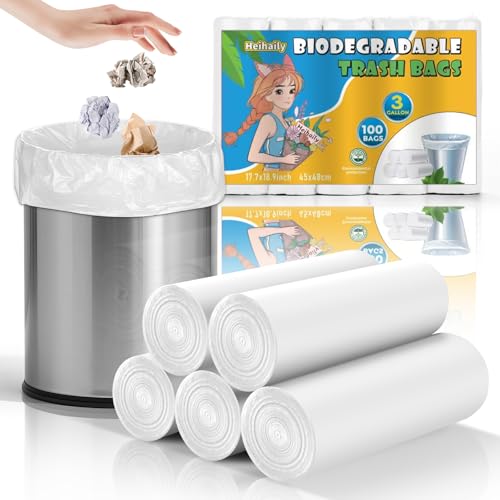 3 Gallon Small Biodegradable Trash Bags - Heihaily Clear White 100 Count Waste Basket Liners Strong Thick Recyclable Compostable Garbage Bag for Kitchen Bedroom (Unscented 5 Rolls)