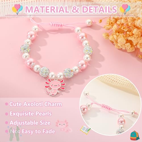 Back to School First Day of Kindergarten Bracelets Gifts Stuff for Girls Kids, Adjustable Axolotl Charm Pearl Bracelet Jewelry Gifts for Daughter Granddaughter