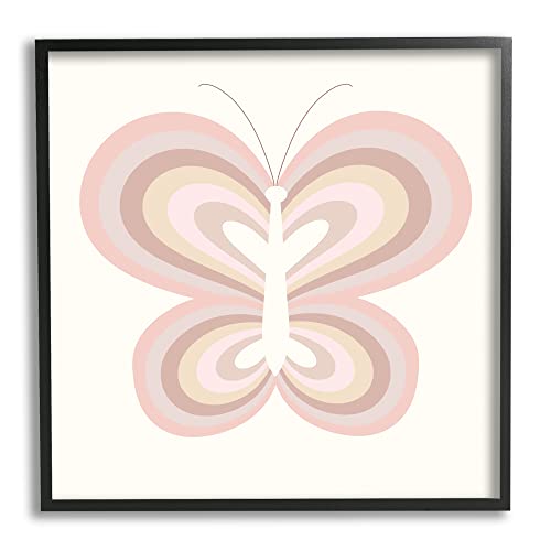 Stupell Industries Kids' Pink Butterfly Illustration Striped Rainbow Wings Black Framed Wall Art, 17 x 30, Off- White