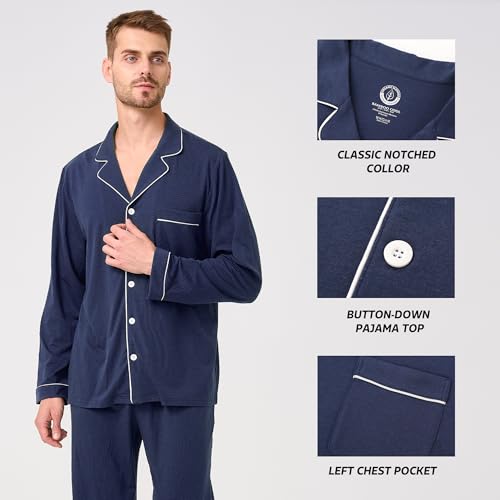 Image of BAMBOO COOL Mens Pajama Set Bamboo Viscose Cotton Soft Lightweight Loungewear Sleepwear Long Sleeve and Pants with Pockets