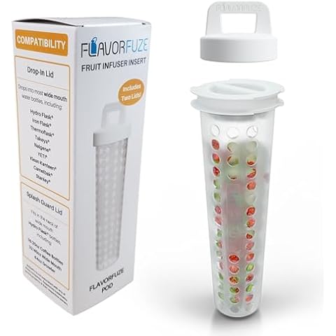 FlavorFuze Pod - Fruit Infuser Insert with Two Lids, Compatible with Hydro Flask, Iron Flask, Takeya, ThermoFlask and Similar Wide Mouth Bottles (White) Cover