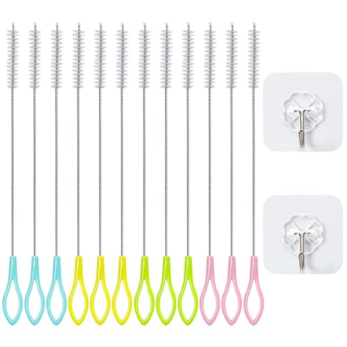 CWPFVQA 12 Stück Stroh-Reinigungsbürste, 2 Stück Transparente Haken, Edelstahl-Strohbürste, Reagenzglas-Reinigungsbürste, Strohreiniger, Rohrbürste Zum Reinigen