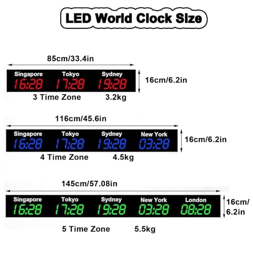 Wall Mounted World Clock, 3/4/5 City Time Zone LED Digital World Time Wall Clock Indoor Multi Time Zone World Wall Clock for Multinational Enterprises/Office/Home/Living Room/School,Blue-3City
