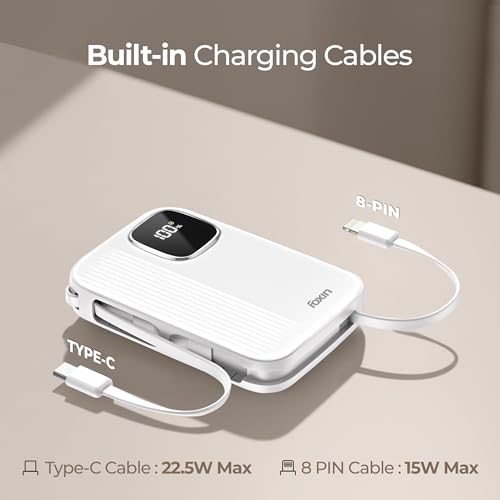 Image of Foxin ChargeX 10 Pocket Power Bank 10000mAh 22.5W Super Fast Charging | Type C & 8 Pin Dual Output Ports| Type C & USB Input & Output |Supports Android, Apple, Tablets | Built-in-Cable | White