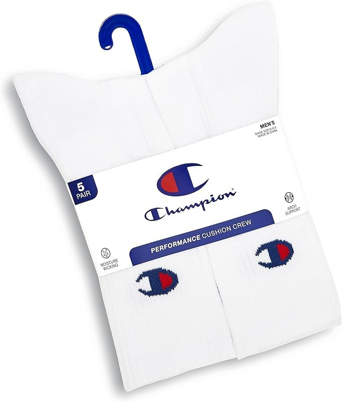 Image of Champion Men's Cushioned Crew Socks 5-Pack - Moisture-Wicking Athletic Crew Socks with Arch Support (Sizes 6-12)