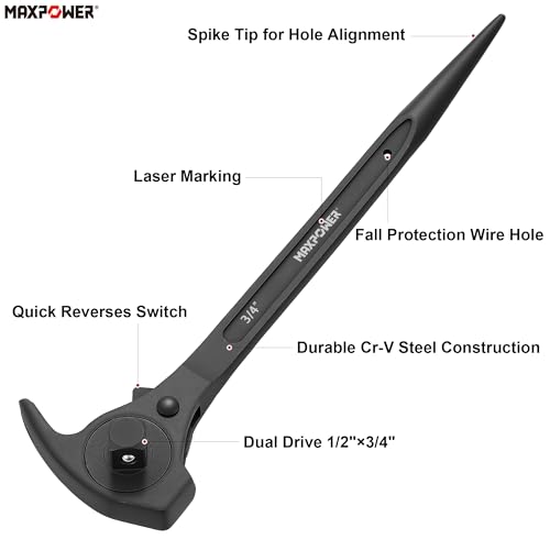 Image of MAXPOWER 1 /2 inch and 3 /4 inch Drive Scaffold Ratchet Wrench, Podger Spanner with Claw Hammer, Crowbar, Pry Bar and Nail Puller Functions | with claw hammer, crowbar, pry bar and nail puller functions