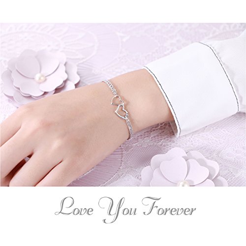 DAOCHONG S925 Sterling Silver I Love U Forever Love Heart Double Chain Bracelets,7+2 inches2
