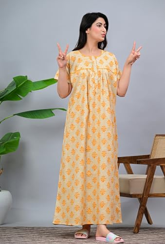 Image of DIAMO Pure Cotton Designer Nighty for Women | Night Gown | Nightdress | Maxi Nighty | Sleepwear | Jaipuri Nighty | Nighties | Cotton Night Gown for Women /Girls with Jaipuri Block Print