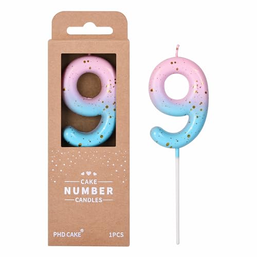 PHD CAKE 2.76 Inch Classical Pink Blue Gold 9 Number Birthday Candles, Gold & Blue Cake Candles for Party Celebration