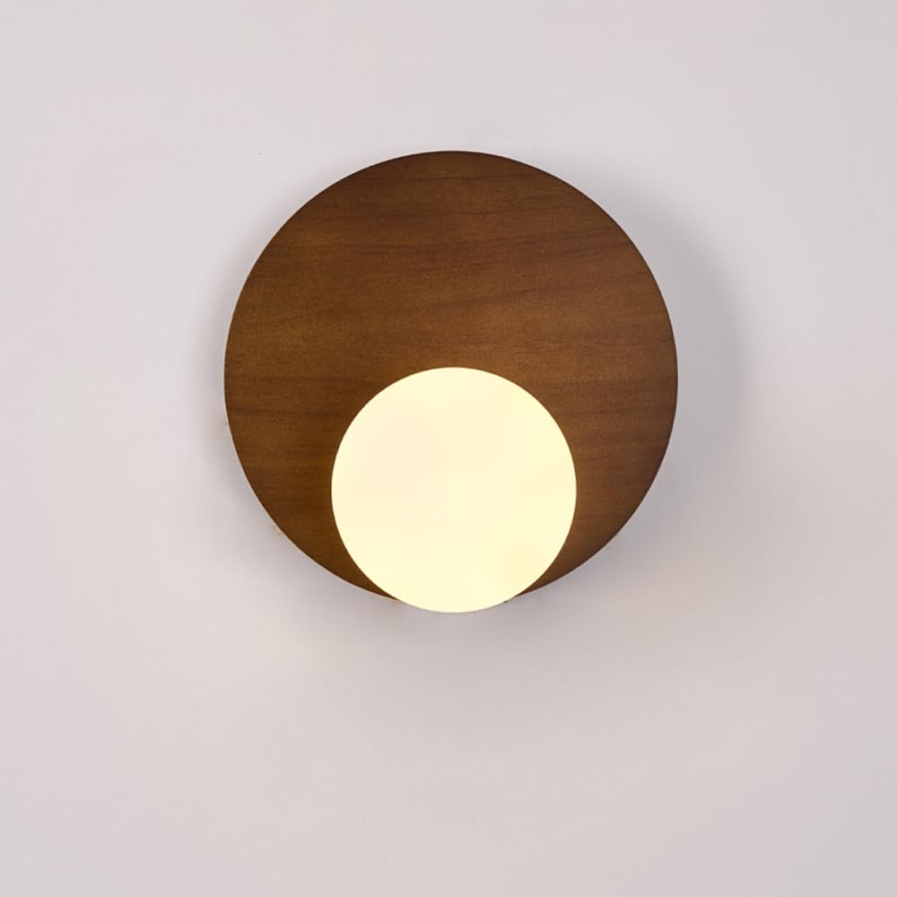 HUAYUSEDF BFFGKGL Vintage Round Wood Wall Sconce Indoor Mid Century Milk Glass Light Fixture Modern Nordic Farmhouse Mounted Lamp Hardwire Bedroom Lighting for Living Room Hallway Aisle Bathroom