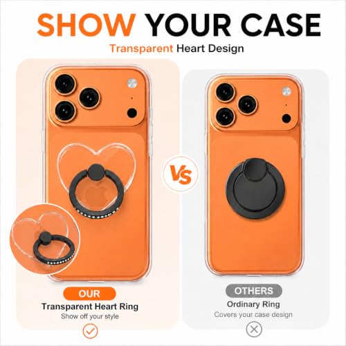 Image of Mizi 2Pack Transparent Heart Phone Ring Holder Kickstand, Bling Crystal Finger Grip Stand with 360 Rotation for iPhone, Samsung, Android Phones & Cases - Black