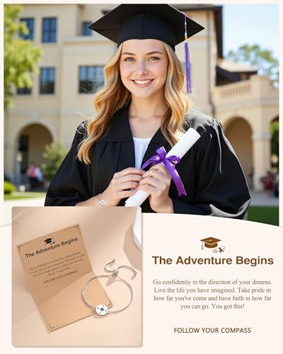 Image of 2025 Graduation Gifts for Her - Silver Adjustable Compass Bracelet for High School /College /5th Grade /8th Grade Grads