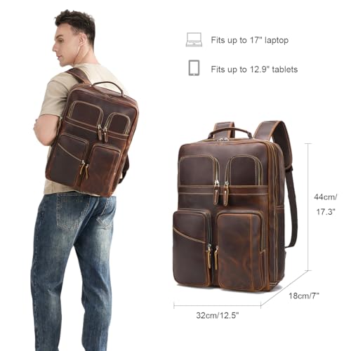 Vintage Full Grain Leather Backpack for Men, Multifunctional Pockets 17.3” Laptop Travel Daypack Shoulder Rucksack2