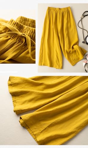 Woman Wide Leg Linen Cropped Pants Elastic High Waist Drawstring Plain Casual Baggy Trousers Lightweight Pant3
