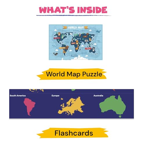 Image of World Map Jigsaw Puzzle for Kids, 48 Pieces Educational Toys for 3+ Year Old, Brain Game, Ocean & Continent Facts Flash Cards, Fun Games, Montessori Toys, Diwali Gift, Birthday Gifts