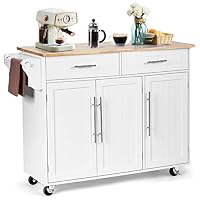 COSTWAY Desserte Roulante Cuisine - 4 Portes, 2 Tiroirs, Plateau Bois Hévéa - Blanc 122x93cm