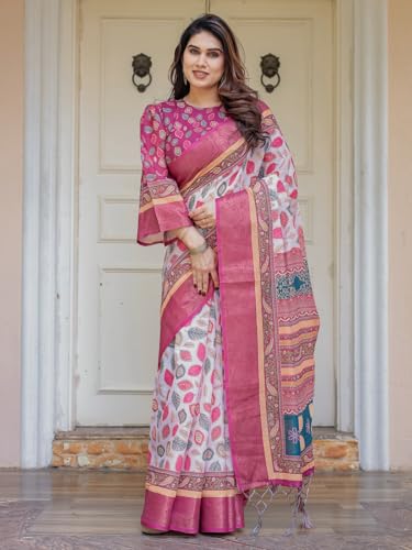 Image of ALMAARI FASHION Floral Printed Cotton Saree for Women with Handloom Zari Weave, Traditional Lightweight Ethnic Saree for Wedding Festive Office Party with Blouse Piece (LINEN 81-90 SH)
