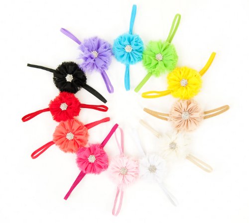 Ema Jane - Vintage Chiffon Boutique Jeweled Rosette Flowers Glued to Soft Stretcy Skinny Headbands (10 Pack)