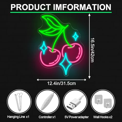 Image of Cherry Bling Neon Sign Aesthetic LED Wall Light for Bedroom Bar Sign, Cute Fruit LED Light, Retro Vintage Dormitory Room Decor, Gift for Her, 16.5 inchx12.4 inch