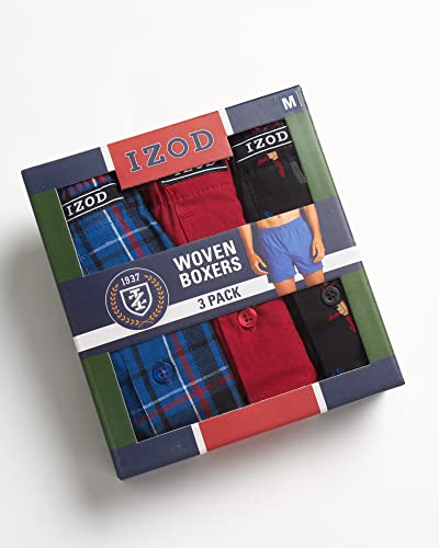 Izod Men's Underwear - Cotton Woven Boxers With Functional Fly (3 Pack), Size Large, Blue/Print/Plaid #TOP1