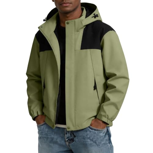 Image of Color Block Waterproof Hooded For Men Rain Shell Jacket Windproof Coat With Adjustable Drawcord Hood & Velcro Cuffs Packable Zip Up Hiking Camping And Fishing Outdoor Activities Green Xs