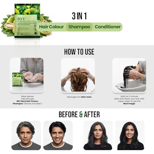 BSY Noni Black Hair Magic Hair Color Shampoo (12ml x 6 Sachets) | Ammonia-Free Natural Permanent Hair Color for Men and Women | 5 Minutes Noni Fruit Dye